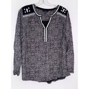 Lucky Brand Black White Geometric Print Embroidered Peasant Blouse Top XL